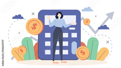 Woman with calculator and dollar coins, finance concept. Suitable for financial planning, budgeting, accounting, savings, investment, and business concepts.