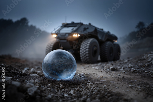 Glowing blue energy sphere rests on rocky terrain as a six-wheeled exploration rover idles under a dusky sky.
