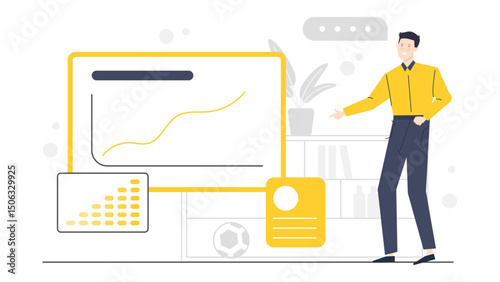 Man pointing to a graph on yellow board, suitable for presentations, business articles, marketing materials, educational resources, and financial reports.