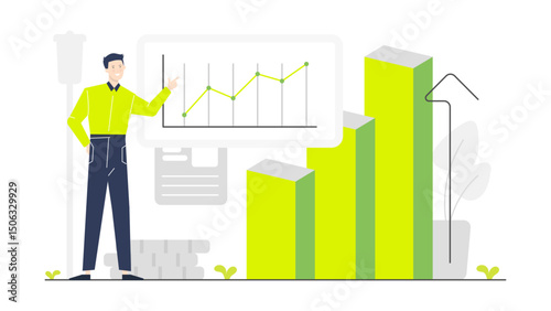 Man points to graph showing growth next to a plant. Suitable for business presentations, financial reports, environmental impact studies, and growth strategies.
