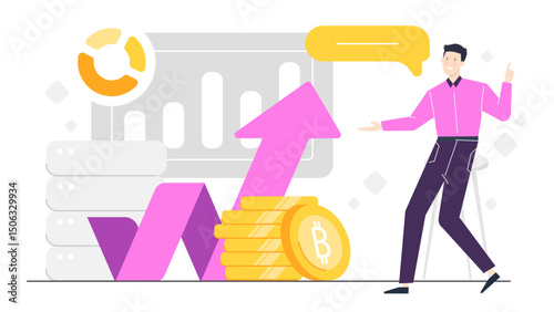 Man pointing at stack of gold coins with pink arrow rising up, symbolizing financial growth and investment opportunities. Suitable for finance concepts.