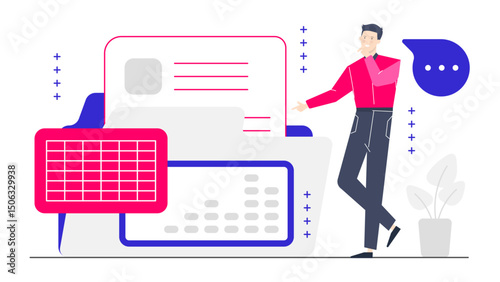 Man pointing at a spreadsheet by a plant, suitable for business presentations, financial blogs, accounting articles, data analysis concepts.