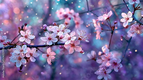 Ethereal cherry blossom branches bursting with delicate pink petals, set against a soft, dreamy bokeh background of pastel hues