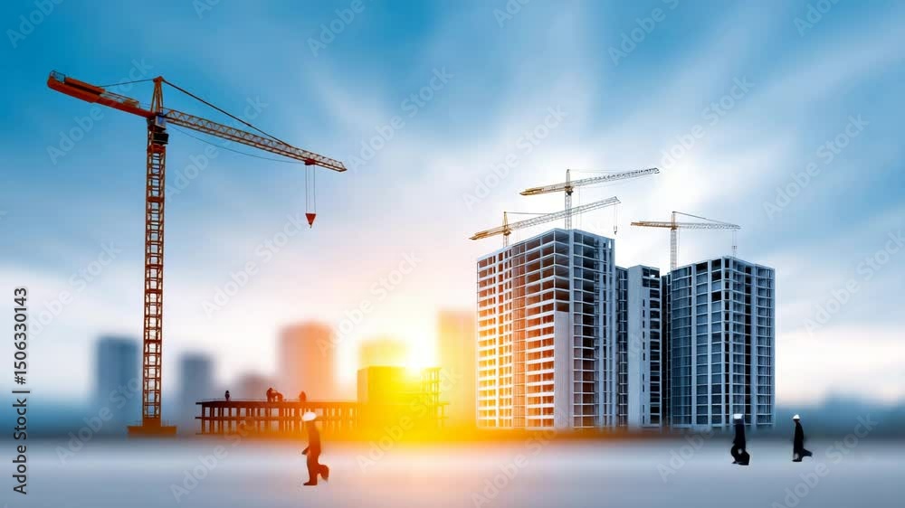 Building Tomorrow: A construction site comes alive with activity as a modern skyscraper takes shape against a backdrop of a glowing sun, and skilled workers building a new world