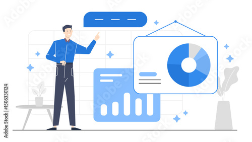 Man pointing to a pie chart and bar graph, suitable for data analysis presentations or business reports on financial performance and trends.