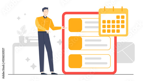 Man pointing to a calendar and todo list, great for scheduling, time management concepts, organization tools, productivity resources, and planning.