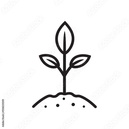Simple black line shows a seedling with leaves in dirt and growth