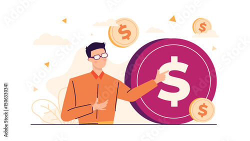 Man pointing to a large dollar sign, suitable for finance, money, business concept designs. Symbolizing wealth, success, profits, savings.