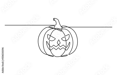 Halloween Pumpkin continuous single line drawing design, Halloween pumpkin with carved face in spooky line art style Vector Illustration.