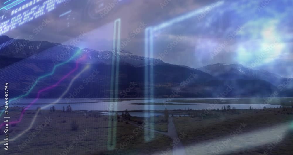 On start overlay showing grassland by lake under mountains while code scrolling and orbs glowing