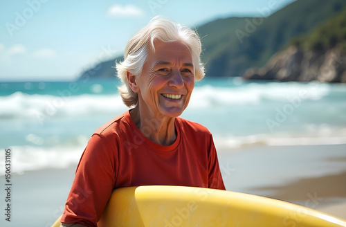 Elderly active woman after surfing with ocean in background. Happy pensioner doing sports on vacation and trying surfing