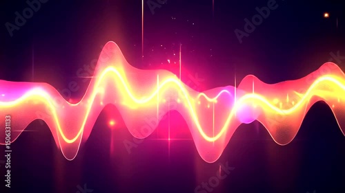 Abstract image features a pink and yellow light wave over a dark background with vertical lines and scattered small light flares