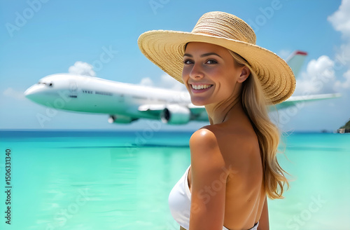 Joyful blonde woman in a straw hat stands on the beach against the backdrop of the sea and a large airplane. Concept of travel and trip to the islands. Woman on the beach in the Maldives