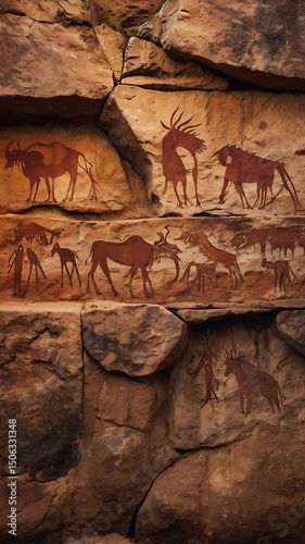 Rough, weathered stone wall, earthy and reddish tones, prehistoric atmosphere with minimalist cave paintings and animal silhouettes.

