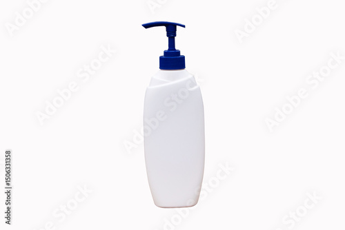 Empty white plastic bottle shower cream blue pump cover isolated white background. For the production of advertising products.