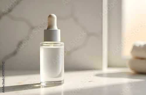 Bottle of face cleansing serum against acne and pimples in the interior of a bright bathroom. Vitamin C care serum for face and body