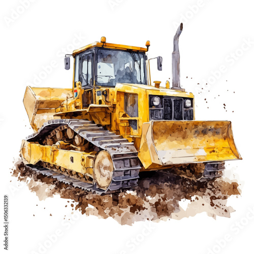 watercolor of Bulldozer, vector high quality, isolated on a white background.