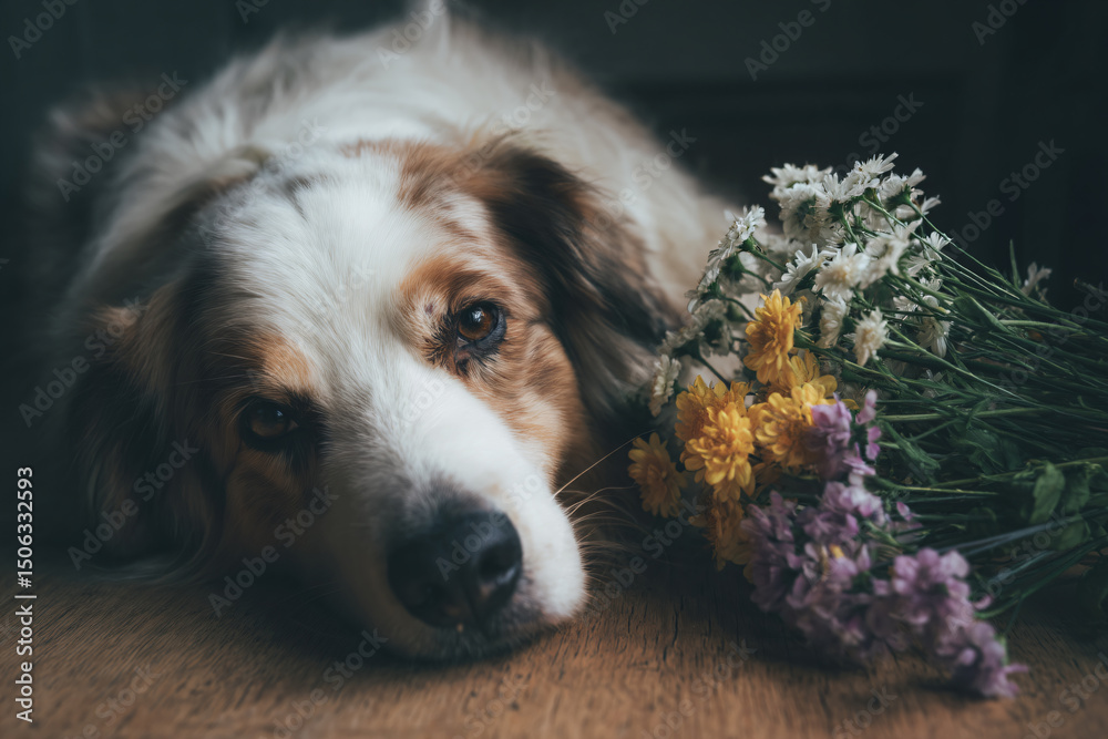 a dog laying on a table with a bunch of flowers a dog laying on a table with a bunch of flowers