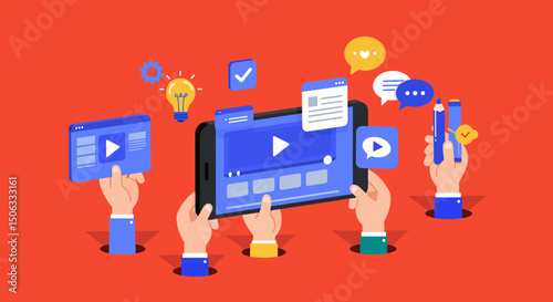 A modern flat vector illustration representing mobile video content creation and UI/UX design. On a vibrant red-orange background, several hands emerge from holes holding video play icons, smartphone