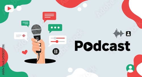 A modern flat vector illustration focused on podcasting and audio content creation. On a soft light gray background with abstract colorful shapes in red, green, and white