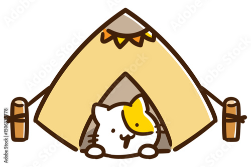 テントの中でリラックスするかわいいねこのキャラクターのデフォルメイラスト