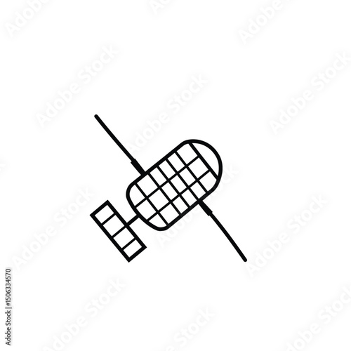 Simple black outline of a satellite with solar panels on transparent background