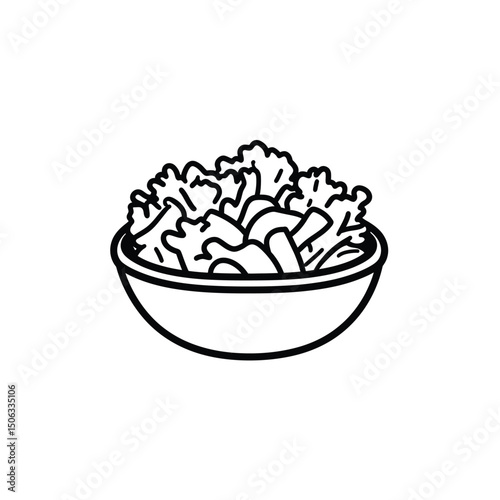 Simple black outline of salad bowl shows mixed greens and other toppings
