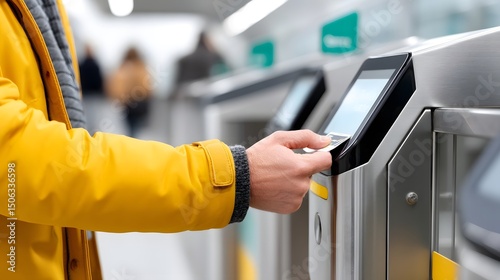 Person scanning e-ticket at subway validator for contactless commute