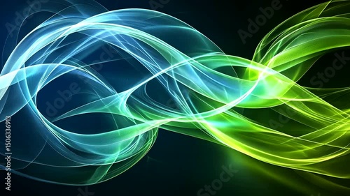 Abstract flowing shapes with gradients of blue and green in motion on a dark background, creating a vibrant and energetic feel