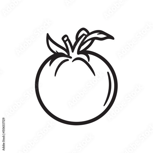 Simple black outline shows a ripe tomato with leaves and stems on transparent background