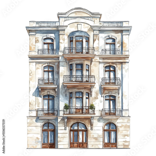 Building Facade, watercolor clipart vector, high quality, isolated on a white background.