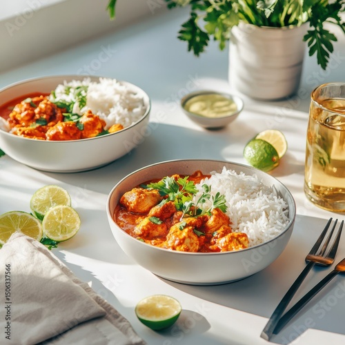 Two Bowls of Chicken Tikka Masala with Rice, Lime Wedges, and Cilantro Garnish on White Table