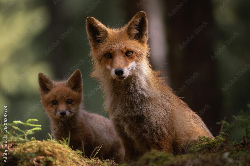 Fototapeta premium a couple of foxes sitting next to each other