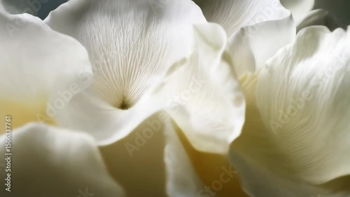 Delicate arrangement of white flower petals creates a soft, elegant background. Floral background texture showcases gentle curves and shapes.