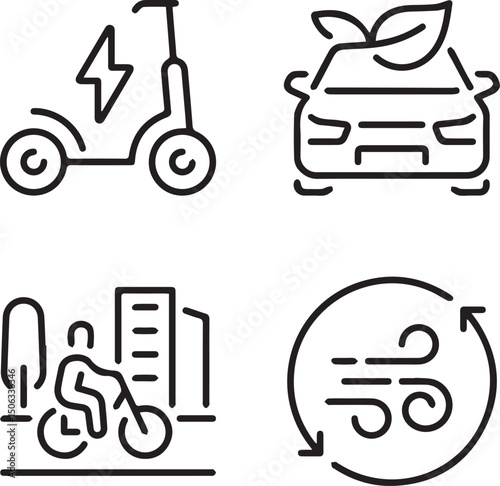 Green Mobility Icons: A collection of minimalist icons representing sustainable transport options, promoting eco-friendly living and reduced environmental impact.