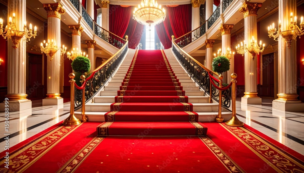 Obraz premium Illustration of a luxurious red carpet entrance with stairs for a celebration.