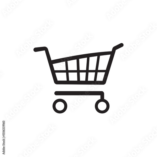 Simple black shopping cart icon with handle and wheels is set against transparent backdrop