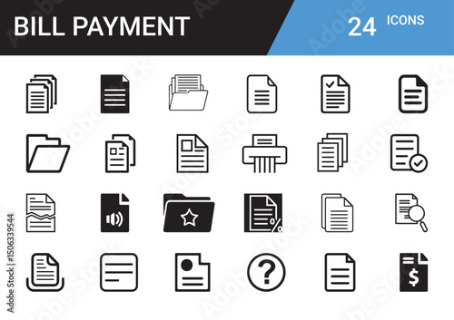 Bill Payment Icon Set: A versatile collection of 24 meticulously crafted icons, offering a clean, modern aesthetic for various bill payment and document-related tasks.