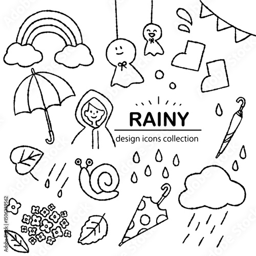 梅雨の手描きアイコン素材｜夏・雨・紫陽花のイラストセット	