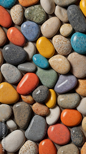 Multi-colored beach pebbles, sandy and soft textures, Pop Art vibes, with bright geometric shape overlays and bold black outlines.
