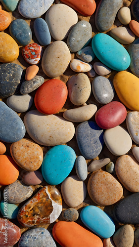 Multi-colored beach pebbles, sandy and soft textures, Pop Art vibes, with bright geometric shape overlays and bold black outlines.
