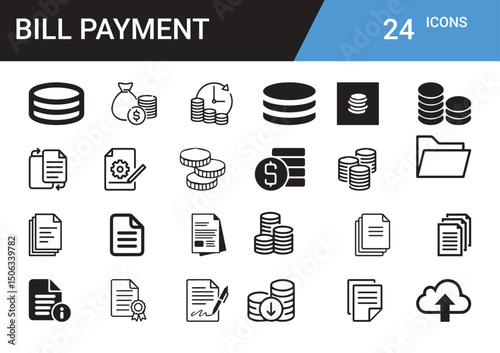 Bill Payment Icon Set: A comprehensive collection of 24 meticulously crafted icons, designed for seamless integration into any billing or payment application, website, or document.