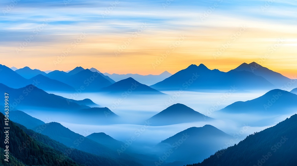 Obraz premium Stunning view of mountains at sunrise, enveloped in a misty fog. A serene landscape capturing the beauty of nature's tranquility.