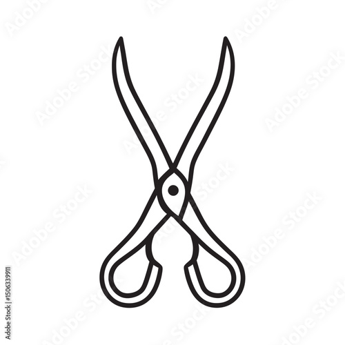 Simple black tongs illustration shows tool with open arms, isolated on transparent background