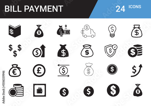 Bill Payment Icons: A set of 24 clean, minimalist icons related to bill payment and finance, perfect for digital and print design projects.