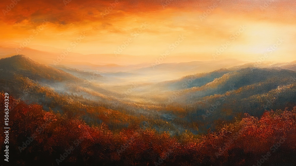 Breathtaking Autumn Landscape with Rolling Hills and Golden Sunset Over Foggy Valley, Capturing Serene Beauty of Nature in Vibrant Orange and Red Hues Breathtaking Autumn Landscape with Rolling Hills and Golden Sunset Over Foggy Valley, Capturing Serene Beauty of Nature in Vibrant Orange and Red Hues