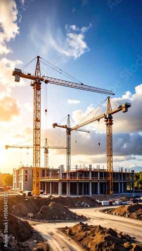 Construction site with cranes against a sunny blue sky with building new infrastructure.