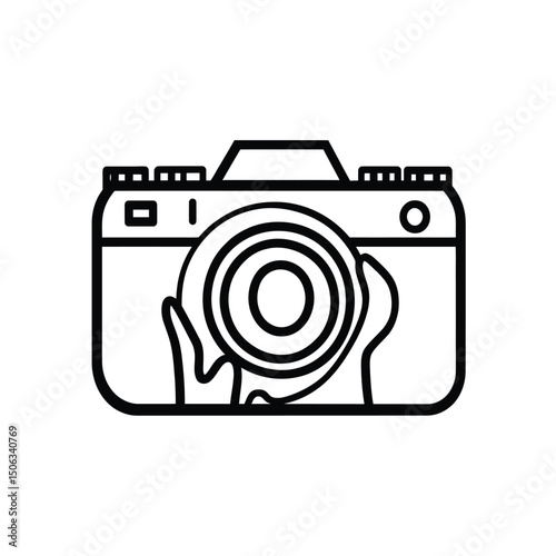 Simple camera icon held by hands is creatively represented with outlined strokes and transparent background