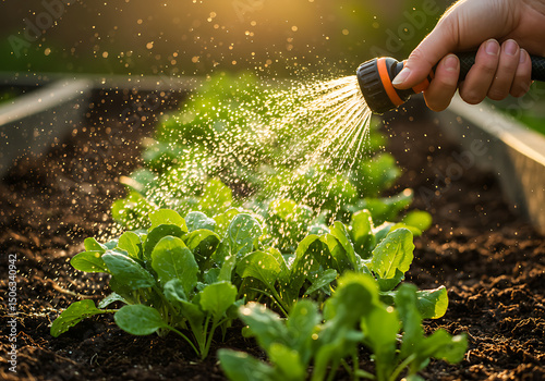Sparkling water droplets on garden soil photo