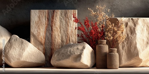 Beige Rock Podium Display with Natural Light and Fuzzy Background